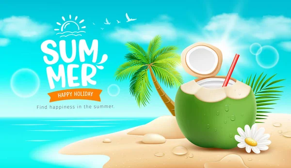 Kokosnüsse Obst Frisch Und Blumen Sommerurlaub Kokosnussbaum Sandhaufen Auf Sandstrand — Stockvektor