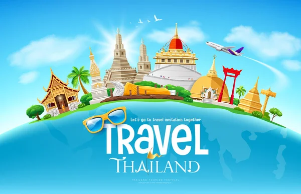 Tailândia Coloca Arquitetura Turismo Festival Design Mapa Mundo Avião Nuvem — Vetor de Stock