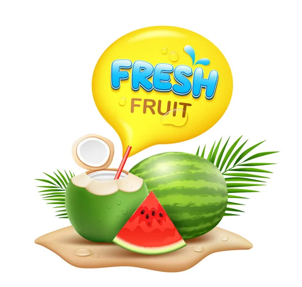 Fruits Noix Coco Pastèque Frais Feuille Noix Coco Pile Réaliste — Image vectorielle