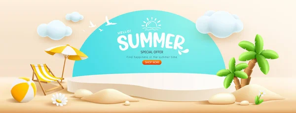 Podium Summer Display Pile Sand Coconut Tree Beach Umbrella Beach — Stock Vector