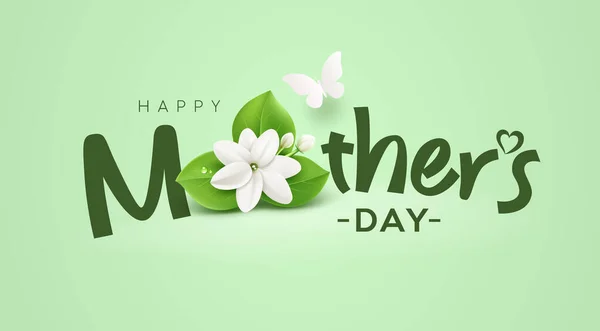 母の日のメッセージ ジャスミンの花のデザイン 緑の背景に白と緑の葉 Eps10 ベクターのイラスト — ストックベクタ