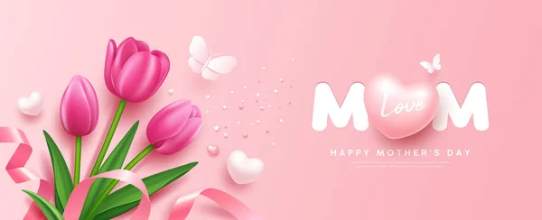 Mother Day Tulips Flowers Heart Butterfly Pink Ribbon Banner Design — Stock Vector