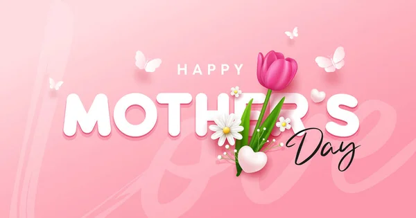 ピンクの背景にチューリップの花と蝶の旗のデザインと幸せな母の日 Eps10ベクターのイラスト — ストックベクタ