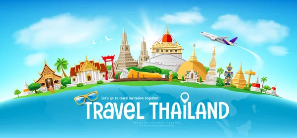 Tajlandia Architektura Turystyczna Mapie Świata Samolot Projekt Banera Chmurze Błękitnym — Wektor stockowy