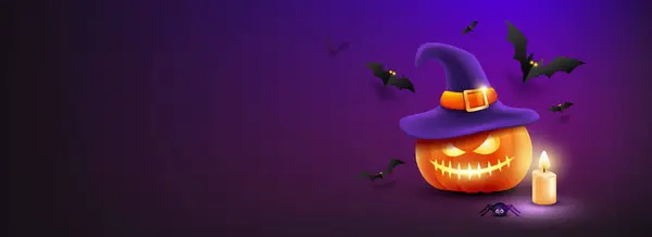 Happy Halloween Dýně Sobě Fialový Klobouk Candel Pavouk Bat Létání — Stockový vektor