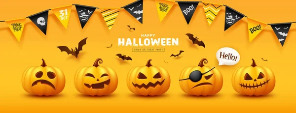 stock vector Halloween yellow pumpkins smiling and scary face collections, colorful flag and bat flying, banner design on yellow background, Eps 10 vector illustration