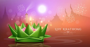 Loy krathong thailand festivali, gerçekçi muz yaprağı gece yarısı pankart tasarımı, eps10 vektör illüstrasyonu