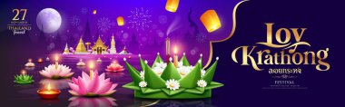Loy krathong thailand festivali, malzeme muz yaprağı, çiçekler, pembe ve beyaz nilüfer çiçeği, 