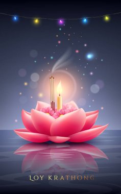 Loy Krathong pembe nilüfer çiçeği, mumlar ve tütsü çubukları, renkli gece lambası, gece nehri arka planında poster tasarımı, vektör çizimi