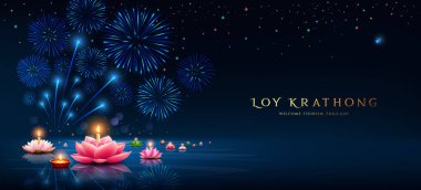 Loy krathong thailand festivali, pembe nilüfer çiçekleri, havai fişek ışıkları koyu mavi arka planda afiş tasarımı, vektör illüstrasyonu
