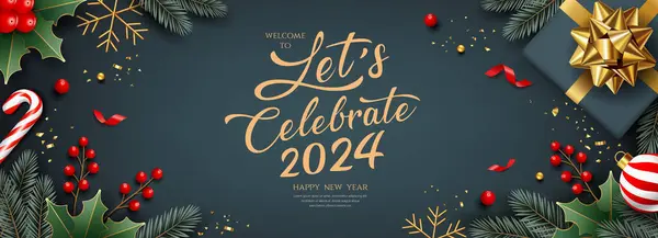 2024 Ünnepeljük Boldog Karácsonyt Boldog Évet Banner Üdvözlőlap Design Sötét Stock Illusztrációk