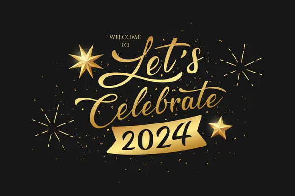 Lasst Uns 2024 Neujahr Feiern Sterne Und Feuerwerk Goldfarbenes Plakatdesign Vektorgrafiken