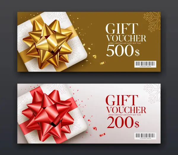 Geschenkgutscheine Weißer Geschenkkarton Goldenes Und Rotes Band Kollektionskonzeptdesign Schwarzer Hintergrund Vektorgrafiken
