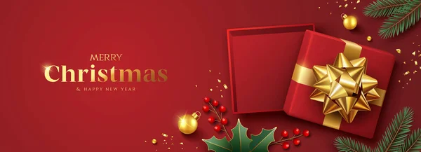Καλά Χριστούγεννα Και Ευτυχισμένο Νέο Έτος Κόκκινο Κουτί Δώρου Χρυσή Εικονογράφηση Αρχείου