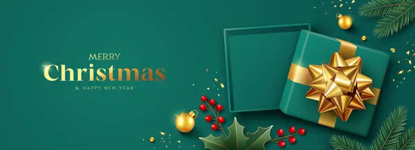 Buon Natale Felice Anno Nuovo Scatola Regalo Verde Nastro Oro Vettoriale Stock