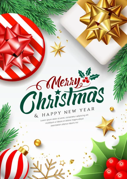 Joyeux Noël Bonne Année Boîte Cadeau Ruban Rouge Décoration Affiche Illustrations De Stock Libres De Droits
