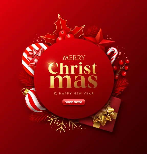 Веселого Рождества Счастливой Распродажи Нового Года Дизайн Круга Красный Подарок Стоковый вектор