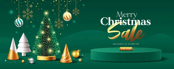Frohe Weihnachten Verkauf Tannenbaumbeleuchtung Grünes Podium Displayschmuck Banner Design Auf Stockillustration