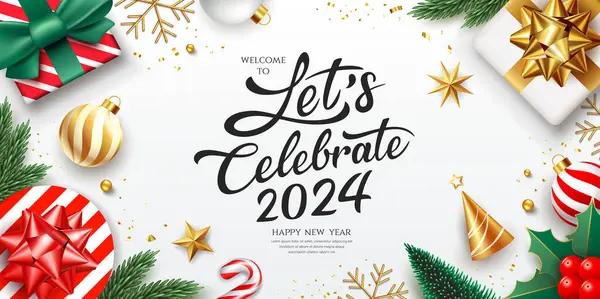 2024 Lasst Uns Frohes Neues Jahr Feiern Ornamente Grußkarte Banner Stockillustration
