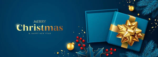 Καλά Χριστούγεννα Και Ευτυχισμένο Νέο Έτος Μπλε Κουτί Δώρου Χρυσή Royalty Free Διανύσματα Αρχείου