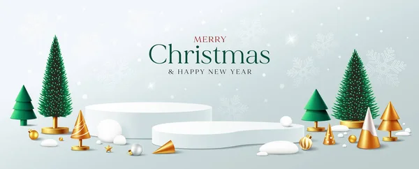 Buon Natale Felice Anno Nuovo 2024 Pino Verde Oro Bianco Illustrazione Stock