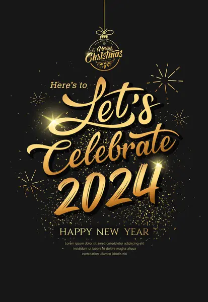 Давайте Праздновать 2024 Новый Год Золотые Ленты Дизайн Плаката Фейерверк Лицензионные Стоковые Иллюстрации