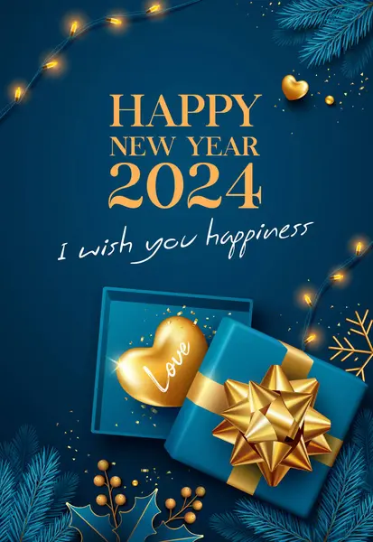 Frohes Neues Jahr 2024 Goldenes Herz Einer Offenen Blauen Geschenkbox lizenzfreie Stockvektoren