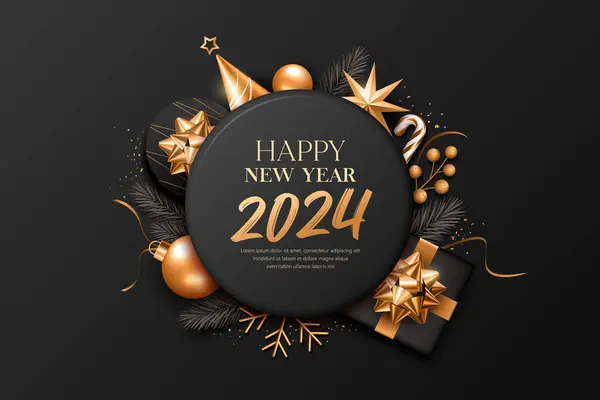 2024 Feliz Ano Novo Ornamentos Ouro Preto Design Banner Cartão —  Vetores de Stock