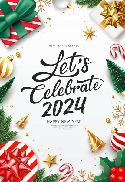 2024 Γιορτάσουμε Ευτυχισμένο Νέο Έτος Στολίδια Αφίσα Ευχετήρια Κάρτα Σχέδιο — Διανυσματικό Αρχείο