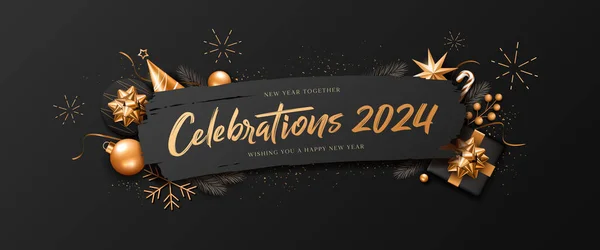 Ευτυχισμένο Νέο Έτος Εορτασμοί 2024 Στολίδια Χρυσό Και Μαύρο Σχέδιο Royalty Free Διανύσματα Αρχείου