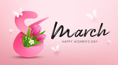 8 Mart, lale çiçekleri ve kelebekli mutlu kadınlar günü, pembe arka planda pankart konsepti tasarımı, EPS10 Vektör illüstrasyonu.