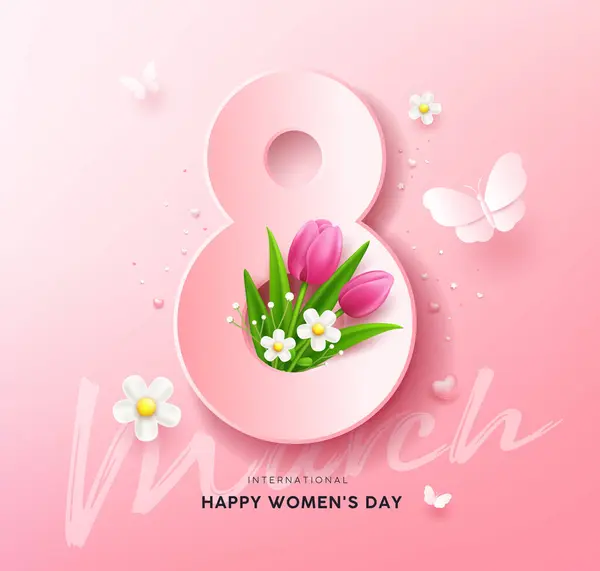 Березня Щасливий Жіночий День Квітами Тюльпанів Метеликами Дизайн Плакату Рожевому Ліцензійні Стокові Вектори
