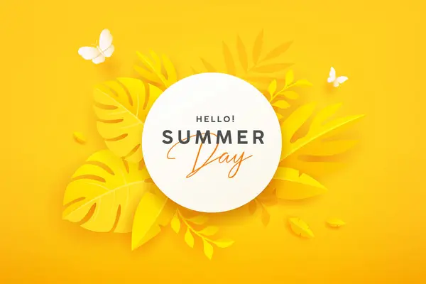 Hello Summer Yellow Leaf Paper Cut Shape White Butterfly White — Stock Vector