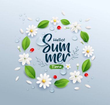 Yaz zamanı beyaz yasemin çiçeği ve yeşil yaprak, gül yaprakları, su damlası, daire şeklinde poster tasarımı mavi arka planda, Eps 10 vektör illüstrasyonu