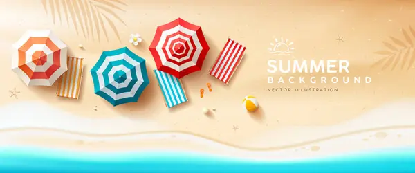 Sonnenschirm Und Strandliege Kokosnussblatt Sommer Banner Design Auf Sandstrand Hintergrund Stockillustration
