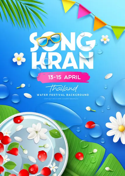 Songkran Víz Fesztivál Thaiföld Rózsaszirmok Jázmin Virág Tálban Banánlevél Vízcsepp Vektor Grafikák