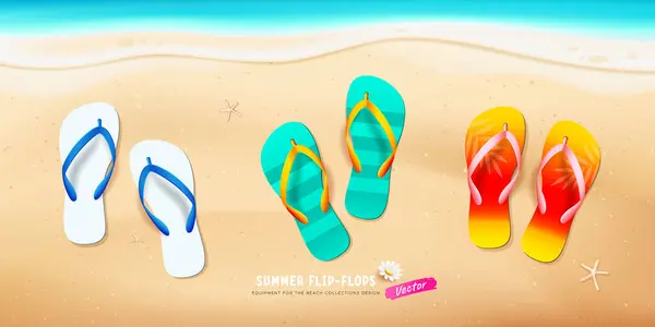 Verão Flip Flop Coleção Colorida Estrela Mar Areia Praia Design —  Vetores de Stock
