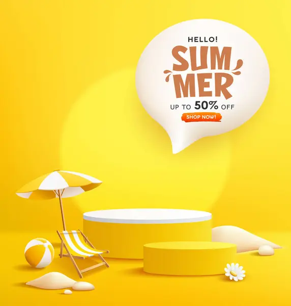 Sommergelber Podiumsverkauf Sonnenschirm Und Liegestuhl Sandhaufen Plakatentwurf Auf Gelbem Hintergrund lizenzfreie Stockillustrationen