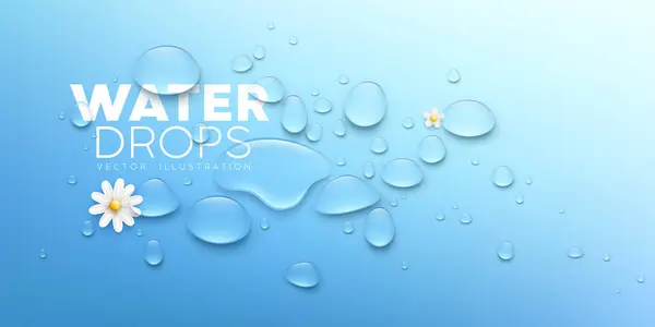 Vatten Droppar Klar Och Vit Blomma Realistisk Banner Design Blå Stockvektor