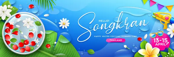 Songkran Vodní Festival Thailand Voda Květiny Misce Banánový List Vodní Vektorová Grafika