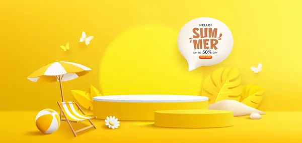 Sommergelber Podiumsverkauf Sonnenschirm Und Liegestuhl Sandhaufen Tropisches Blatt Banner Design lizenzfreie Stockillustrationen