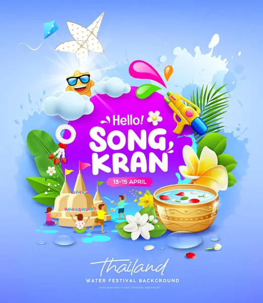 Songkran Wasserfestival Thailand Kinder Spielen Mit Sandpagode Blumen Tropischen Sommerspaß lizenzfreie Stockvektoren