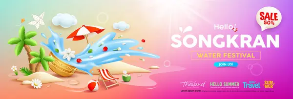 Songkran Wody Festiwal Sprzedaż Kolorowe Kwiaty Misce Wody Chlapanie Tropikalne Grafika Wektorowa