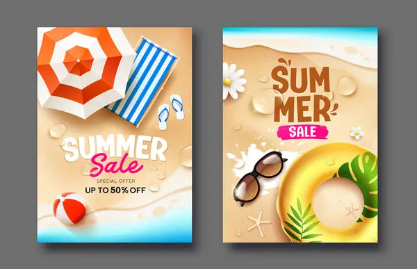 Summer Sale Sand Beach Poster Flyer Two Holiday Design Collections Stock Illustration