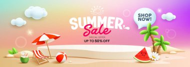 Podyum Yaz Ekranı, kum yığını, hindistan cevizi ağacı, karpuz, plaj şemsiyesi, plaj sandalyesi, plaj topu, hindistan cevizi meyvesi, pankart tasarımı, bulut ve kumsal arka planı, EPS 10 vektör illüstrasyonu