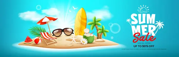 Sommerverkauf Inselstrand Surfbrett Sandhaufen Kokosnussbaum Wassermelone Sonnenschirm Strandkorb Strandball Kokosnussfrüchte lizenzfreie Stockvektoren