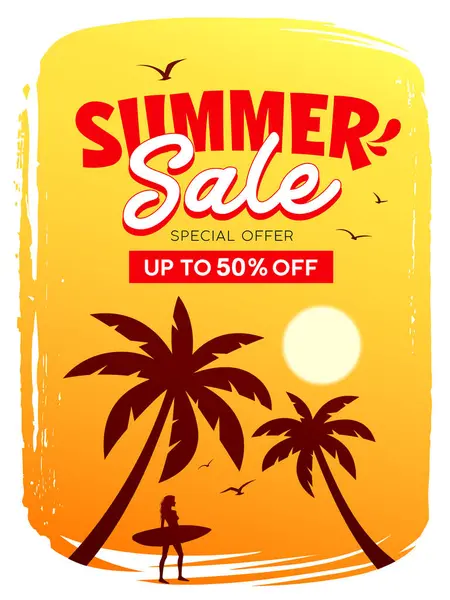 Summer Sale Silhouette Coconut Tree Woman Standing Holding Surfboard Poster Stockvektor
