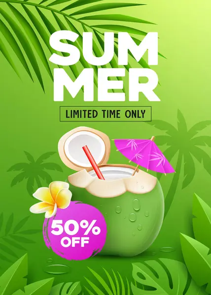 Sommerverkauf Kokosnussfrüchte Frisch Und Blume Tropischen Grünen Blatt Poster Design Stockvektor