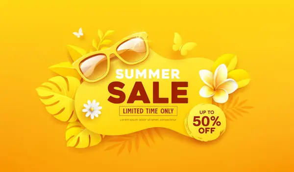 Letní Prodej Sluneční Brýle Květinově Žlutým Listem Broušený Motýlí Papír Stock Vektory