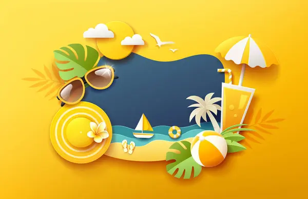 Summer Holiday Fun Tropical Green Leaf Sea Beach Paper Cut Vector Graphics